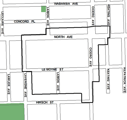 North/Cicero TIF district, roughly bounded on the north by Concord Place, Hirsch Street on the south, Keating Avenue on the east, and Lavergne Avenue on the west.